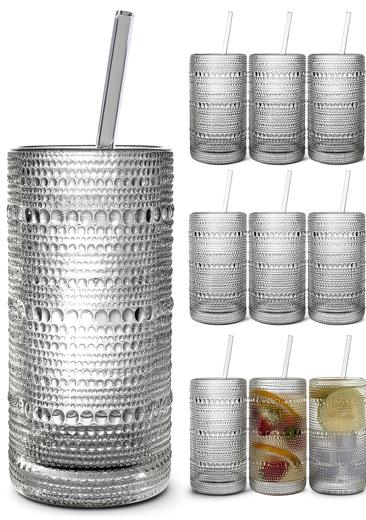 Hobnail glasses filled with colorful drinks on a kitchen counter